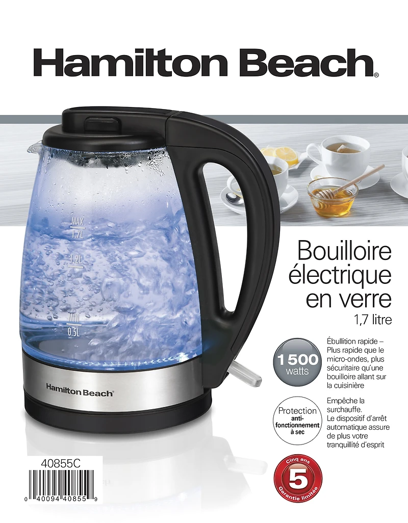 Bouilloire en verre de 1,7 litre Hamilton Beach 40855C
