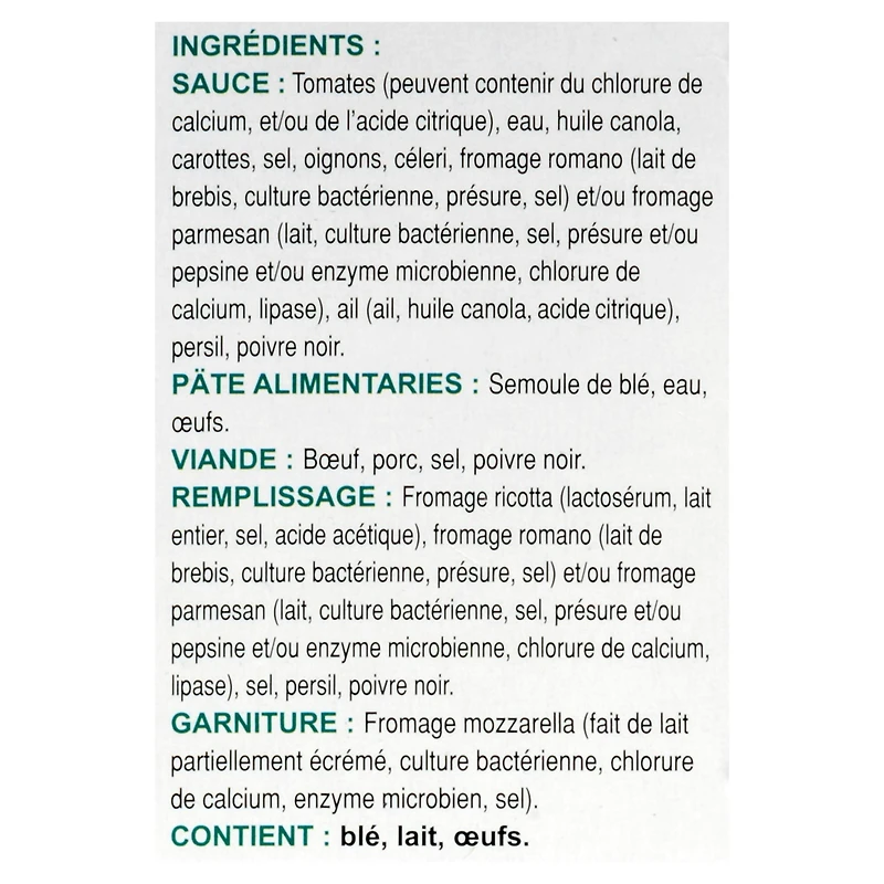 Fromage mozzarella Lasagne avec ricotta et sauce à la viande de Roman 2,27 kg