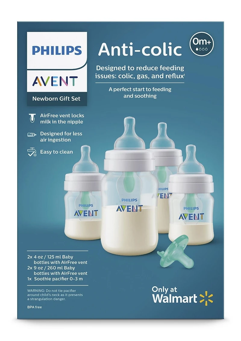 Philips Avent Anti-colic Baby Bottle With AirFree Vent Newborn Gift Set Exclusively at Walmart, SCD306/00, Avent Newborn Gift Set