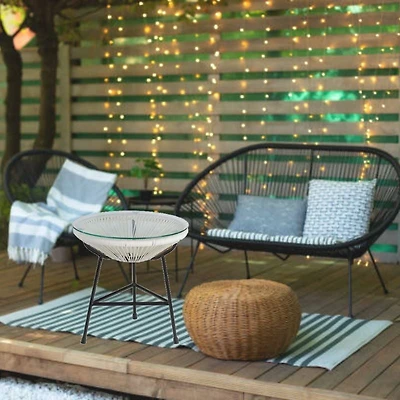 Capu Outdoor Modern Side Table in White, Wrapped Wicker Side Table, Indoor - Outdoor Table