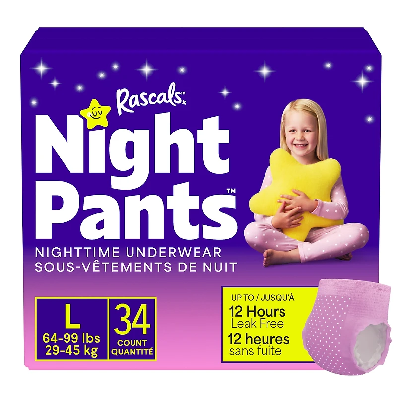 Rascals Night Pants, Absorbent Disposable Girls Nighttime Bedwetting Underwear, L (64-99 lbs), 34 Count, Night Pants