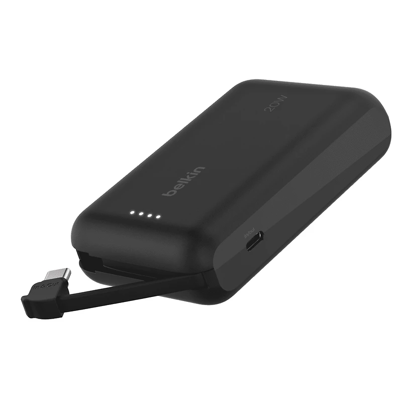 Belkin BoostCharge Portable Power Bank, 2.2in/5.7cm Integrated Cable 10,000mAh PD 20W Fast Charge USB-C Power Delivery, Portable iPhone Charger for iPhone 15 Series, iPad Pro, Galaxy S24 & More Black, BEL 10K 20W CABLE PWRBNK BLK