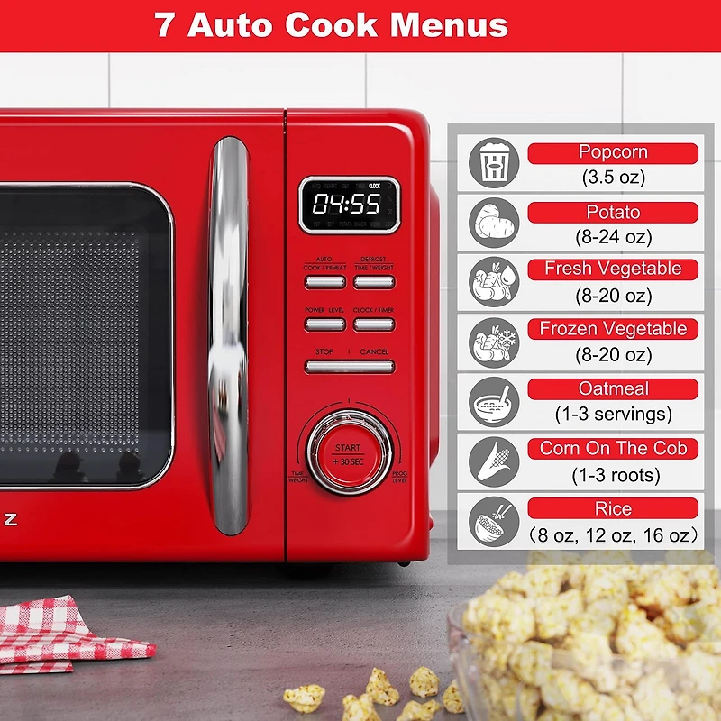 Galanz Retro Countertop Microwave Oven with Auto Cook & Reheat, Defrost, Quick Start Functions, Easy Clean with Glass Turntable, Pull Handle, 0.7 cu ft, Retro Microwave Oven, 0.7 cu.ft.