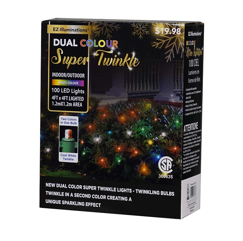 EZ-Illuminations 4'x4' 100-Count LED Net Lights, Multicolor with Cool White Flicker