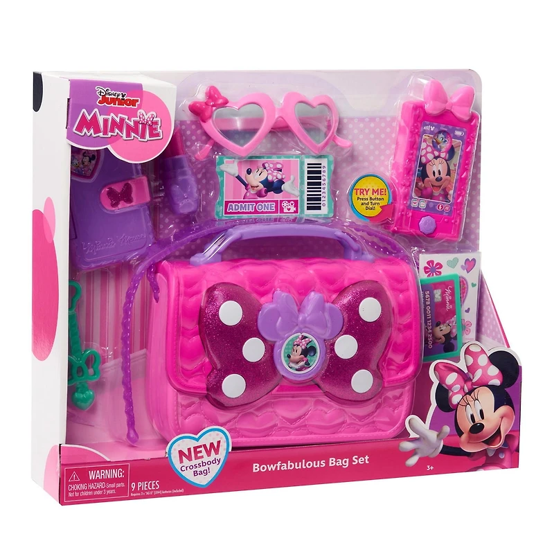 Ensemble de Sac Bowfabuleux de Minnie Mouse de Disney Junior, Sac à 9 Eléments pour Jouer en Faisant Semblant avec Téléphone Portable Sons et Lumières, Lunettes de Soleil et Accessoires