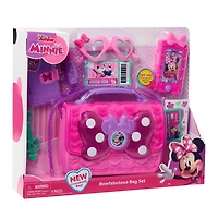 Ensemble de Sac Bowfabuleux de Minnie Mouse de Disney Junior, Sac à 9 Eléments pour Jouer en Faisant Semblant avec Téléphone Portable Sons et Lumières, Lunettes de Soleil et Accessoires