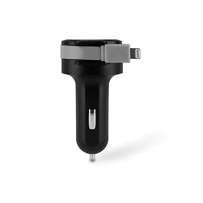 Aluratek Chargeur de voiture 4,8 A avec câble ruban Lightning Rolling intégré et port de charge USB.