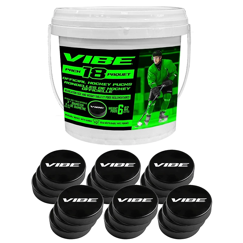 VIBE Official Ice Hockey Pucks - 6oz Black - Bucket of 18