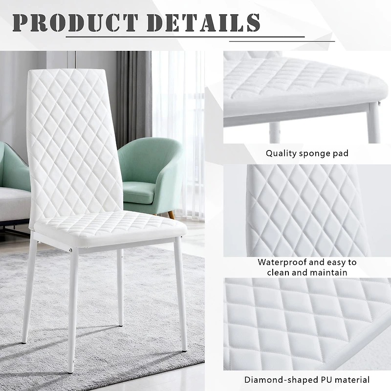 Noble House Modern Dining Chair Set of 4, Fireproof Leather Upholstery with Diamond Grid Pattern and Metal Frame,White
