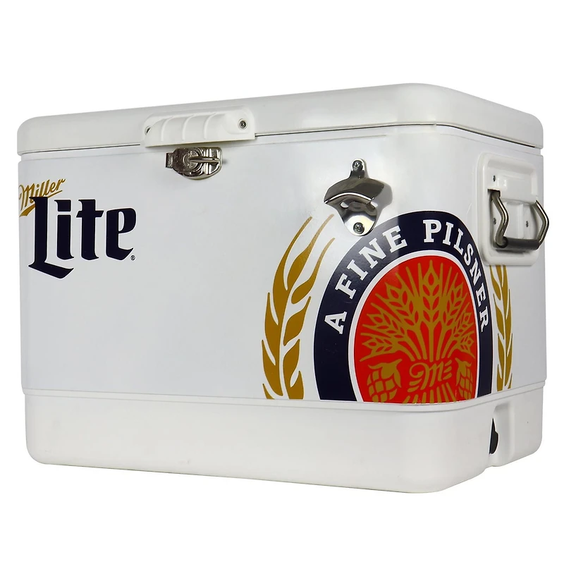 Miller Lite 54-Qt Ice Chest Cooler with Built-In Bottle Opener, Rustproof Portable Camping Cooler for Beach & Outdoor Adventures