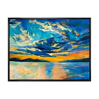 Designart Nuageux grand ouvert coucher de soleil sur l'horizon de l'océan ART MURAL À CADRE FLOTTÉ