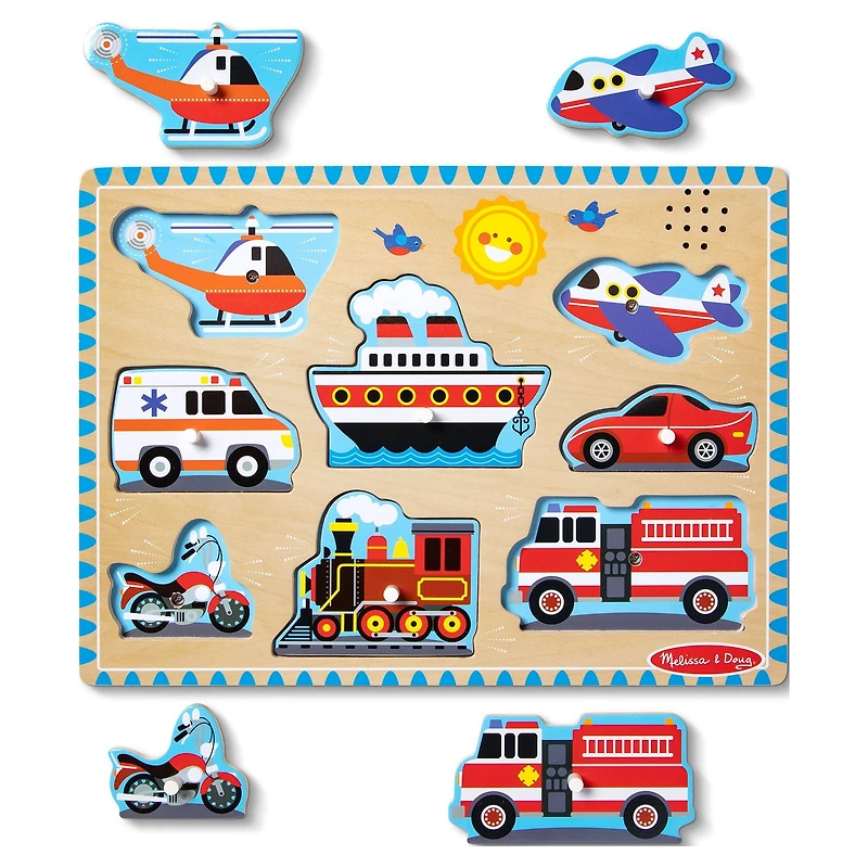 Melissa & Doug Vehicles Sound Puzzle - Wooden Peg Puzzle With Light-Activated Sound Effects (8 pcs), Wooden Peg Puzzle
