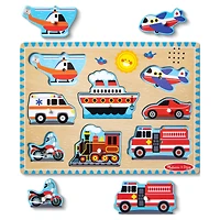 Melissa & Doug Vehicles Sound Puzzle - Wooden Peg Puzzle With Light-Activated Sound Effects (8 pcs), Wooden Peg Puzzle