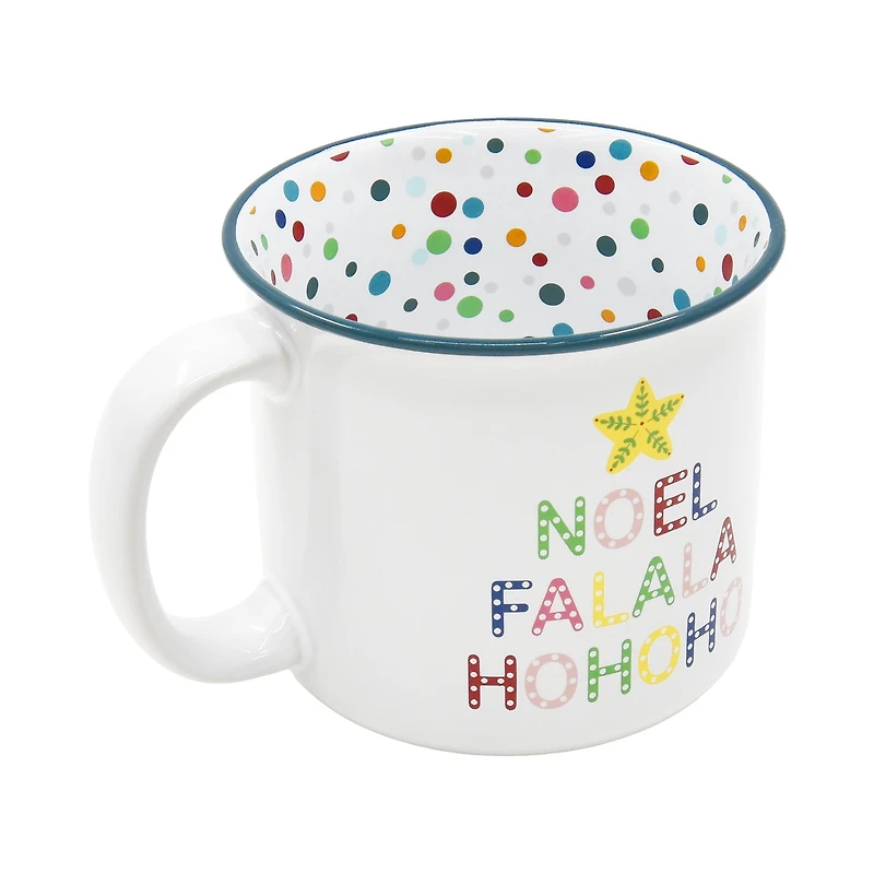 Holiday Time 15 oz Stoneware Christmas Words “NOEL FALALA HOHOHO" Blue Rim Polka Dot Festive Mug