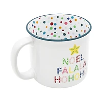 Holiday Time 15 oz Stoneware Christmas Words “NOEL FALALA HOHOHO" Blue Rim Polka Dot Festive Mug