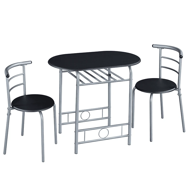 Fullfurnique Modern 3-piece Round Dining Table and 2 Chairs Set with Steel Legs, Black