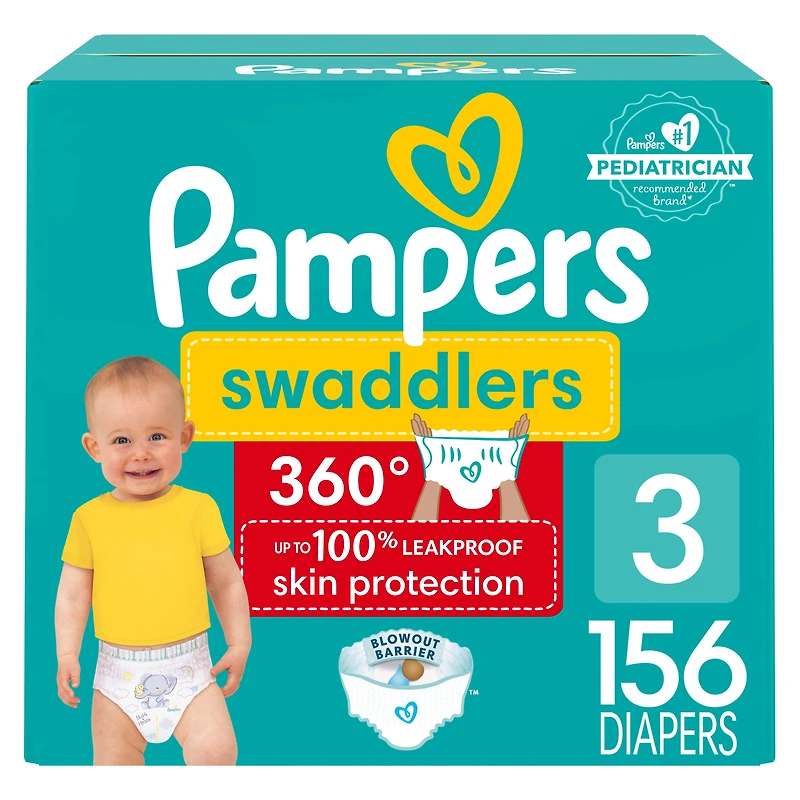 Couches Pampers Swaddlers 360°, ajustement confortable et au sec, jusqu’à 100 % sans fuites, rabats rapides, conçues pour faciliter les changements, couches à enfiler, taille 3