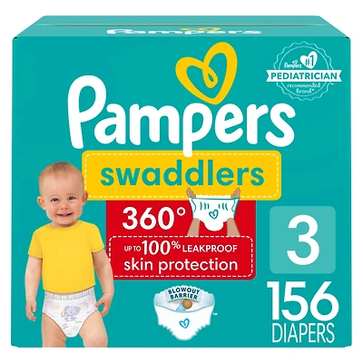 Couches Pampers Swaddlers 360°, ajustement confortable et au sec, jusqu’à 100 % sans fuites, rabats rapides, conçues pour faciliter les changements, couches à enfiler, taille 3