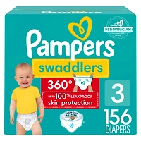 Couches Pampers Swaddlers 360°, ajustement confortable et au sec, jusqu’à 100 % sans fuites, rabats rapides, conçues pour faciliter les changements, couches à enfiler, taille 3