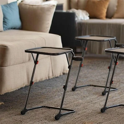 Homy Casa Set of 2 Folding Coffee Tables with Cup Holders and Adjustable Height, Black Plastic Surface