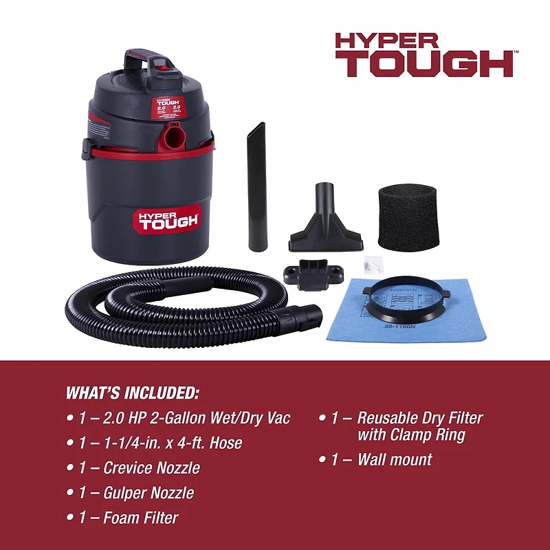 Hyper Tough 2 Gallon Poly Wet/Dry Vacuum, Hyper Tough 7.6L (2 Gal.) 2.0 Peak Horsepower Wet/Dry Vacuum with accessories