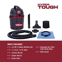 Hyper Tough 2 Gallon Poly Wet/Dry Vacuum, Hyper Tough 7.6L (2 Gal.) 2.0 Peak Horsepower Wet/Dry Vacuum with accessories