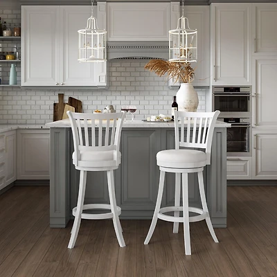 Lot de 2 tabourets de bar pivotants d'intérieur CorLiving Winston blancs avec assise en similicuir et dossier haut à lattes verticales