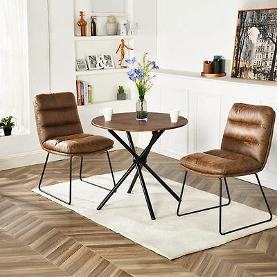 Ensemble salle à manger industriel Homy Casa avec chaises en similicuir, table espresso ronde pour 2 personnes et pieds luge, coin repas compact pour cuisine ou appartement, brun