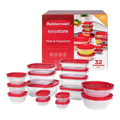 Rubbermaid EasyStore Rectangle, Square, and Round Food Storage Containers with Lids, 32-Piece Set