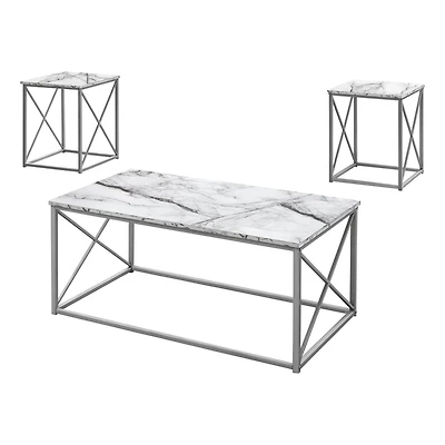 Monarch Specialties Table Set, 3pcs Set, Coffee, End, Side, Accent, Living Room, Metal, Laminate, White Marble Look, Grey, Contemporary, Modern
