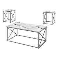 Monarch Specialties Table Set, 3pcs Set, Coffee, End, Side, Accent, Living Room, Metal, Laminate, White Marble Look, Grey, Contemporary, Modern