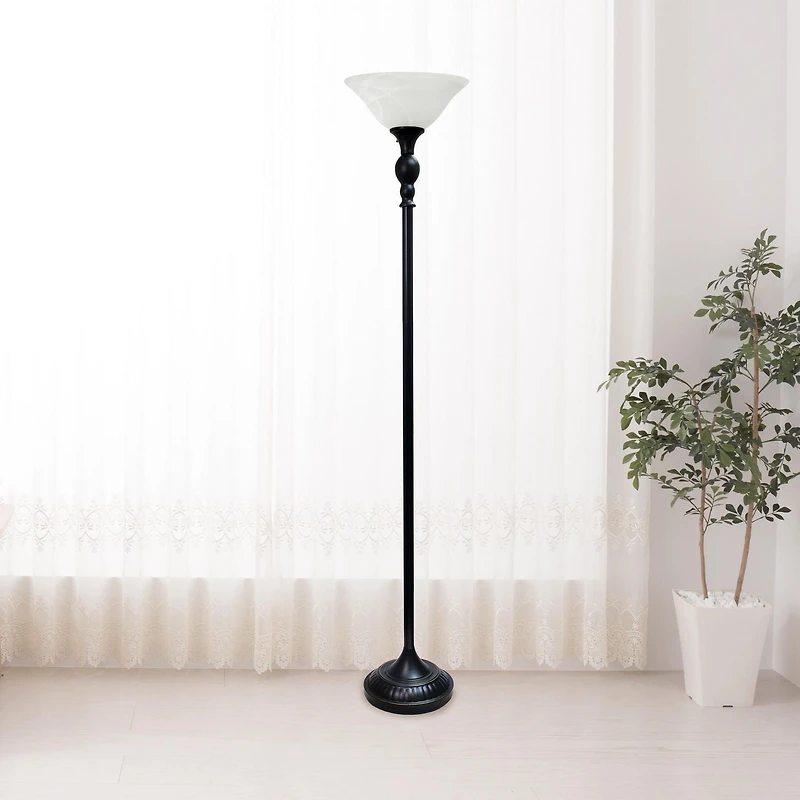 Lampadaire Torchiere Elegant Designs à 1 Lumière avec Abat-Jour en verre marbré blanc, bronze et blanc