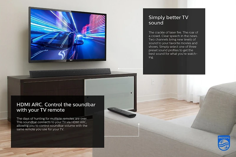 Philips Haut-parleur 2.0 Soundbar avec HDMI ARC, TAB5105