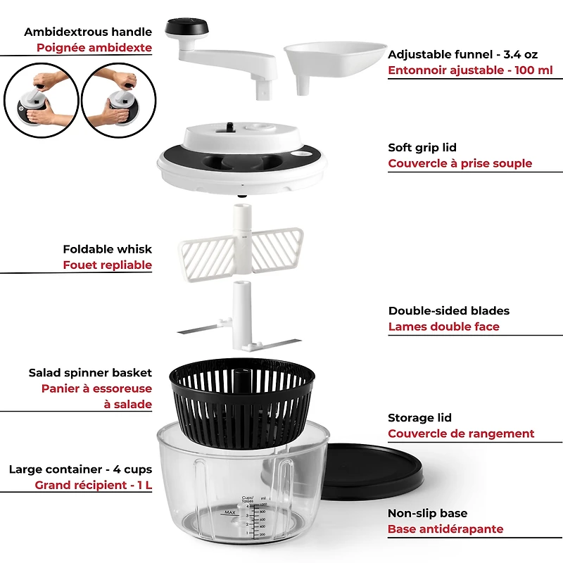 Starfrit Pro Food Processor & Mixer 3-in-1 Manual Food Chopper, Whisk & Salad Spinner, Ice Crushing, 2 Speeds, 1L Bowl, Salsa, Hummus, Mayo & Dressing