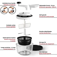 Starfrit Pro Food Processor & Mixer 3-in-1 Manual Food Chopper, Whisk & Salad Spinner, Ice Crushing, 2 Speeds, 1L Bowl, Salsa, Hummus, Mayo & Dressing