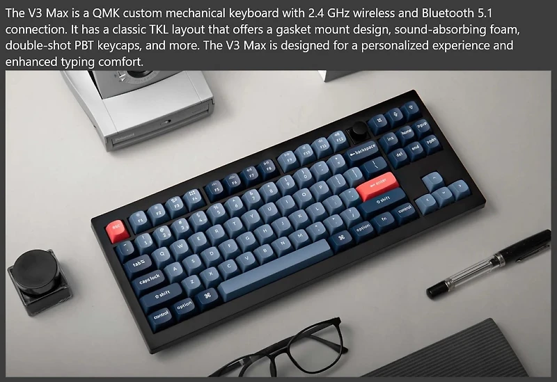 Keychron V3 Max Clavier mécanique sans fil RVB remplaçable à chaud interrupteur rouges cadre en ABS avec interrupteur disposition TKL noir carbone V3M-D1