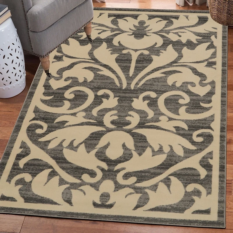 Capri Damask Grey & Bone 4' 3" x 7' 3" Area Rug