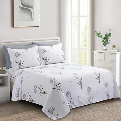 Marina Decoration Ultra Soft Silky Deep Pocket Rich Printed Bedding Rayon from Bamboo All Season Sheet Set with Pillowcases, Grey Hydrangea Floral Pattern