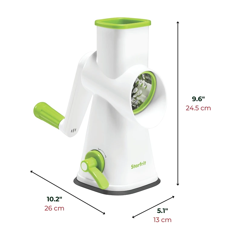 Starfrit Râpe à Tambour Avec 4 Barillets en Inox Interchangeables, Lames Ultra Tranchantes, Base Ventouse Stable, Poussoir Sécuritaire, Parfaite Pour Râper Et Trancher Légumes, Fromage, Glace Râpée Râpez, tranchez ou râpez finement avec la râpe rotative Starfrit. Comprend 3 barillets en acier inoxydable, base ventouse et poussoir sécuritaire. Aucun assemblage requis. Parfait pour légumes, fromages, chocolat, glace et plus!