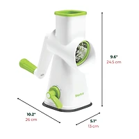 Starfrit Râpe à Tambour Avec 4 Barillets en Inox Interchangeables, Lames Ultra Tranchantes, Base Ventouse Stable, Poussoir Sécuritaire, Parfaite Pour Râper Et Trancher Légumes, Fromage, Glace Râpée Râpez, tranchez ou râpez finement avec la râpe rotative Starfrit. Comprend 3 barillets en acier inoxydable, base ventouse et poussoir sécuritaire. Aucun assemblage requis. Parfait pour légumes, fromages, chocolat, glace et plus!