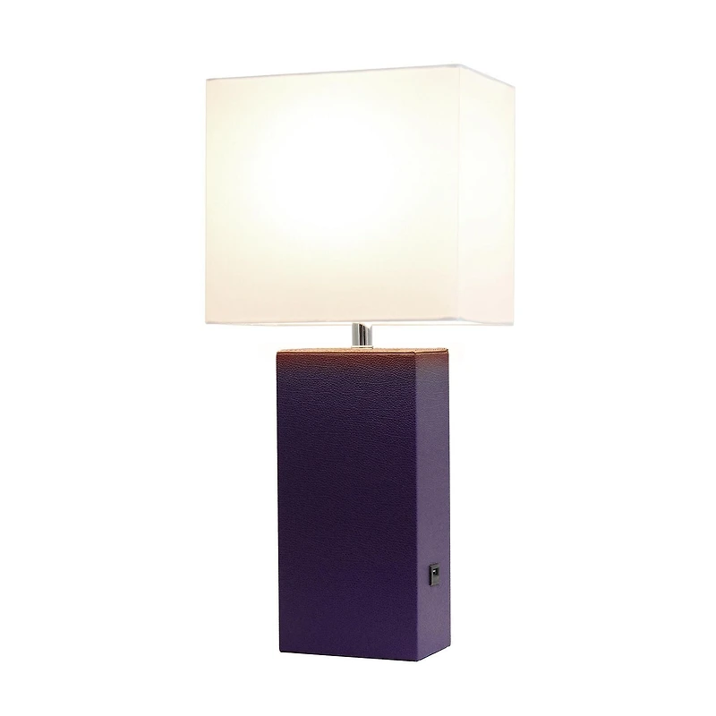 Lampe de table design moderne en cuir élégant avec abat-jour USB et tissu blanc