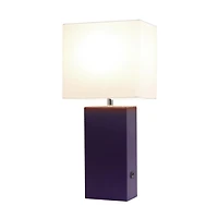 Lampe de table design moderne en cuir élégant avec abat-jour USB et tissu blanc