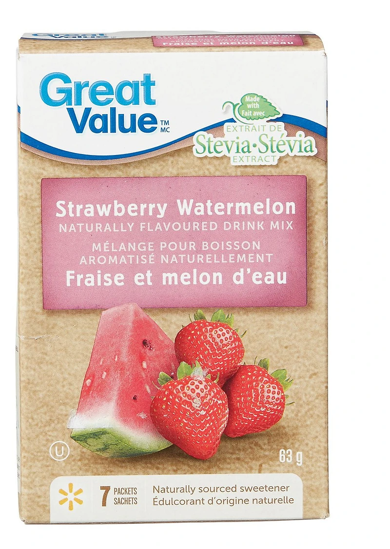 Mélange Great Value pour boisson aromatisé naturellement, fraise et melon d'eau 63 g, 7 sachets