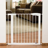 Munchkin Easy Close Barrière de bébé montée par pression pour escaliers, couloirs et portes, passage avec porte, 29" de haut et 29,5" à 35" de large, comprend (1) rallonge de 2,75", métal, blanc Porte bébé