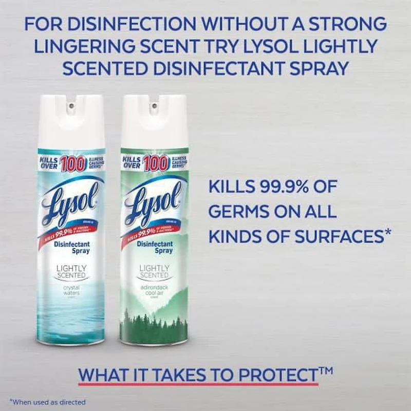 Spray Désinfectant Lysol, Linge frais, Désinfecte et élimine les odeurs sur les surfaces dures et les tissus 350g