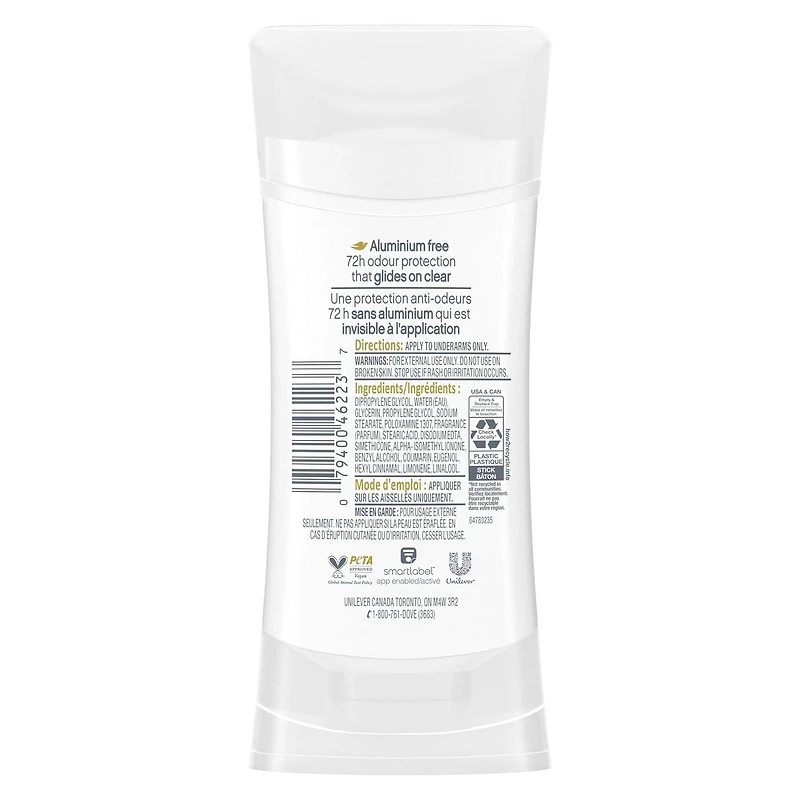Dove Aluminum Free Déodorant for Soft Underarms, for Soft Underarms, Coconut & Pink Jasmine Scent, 74g
