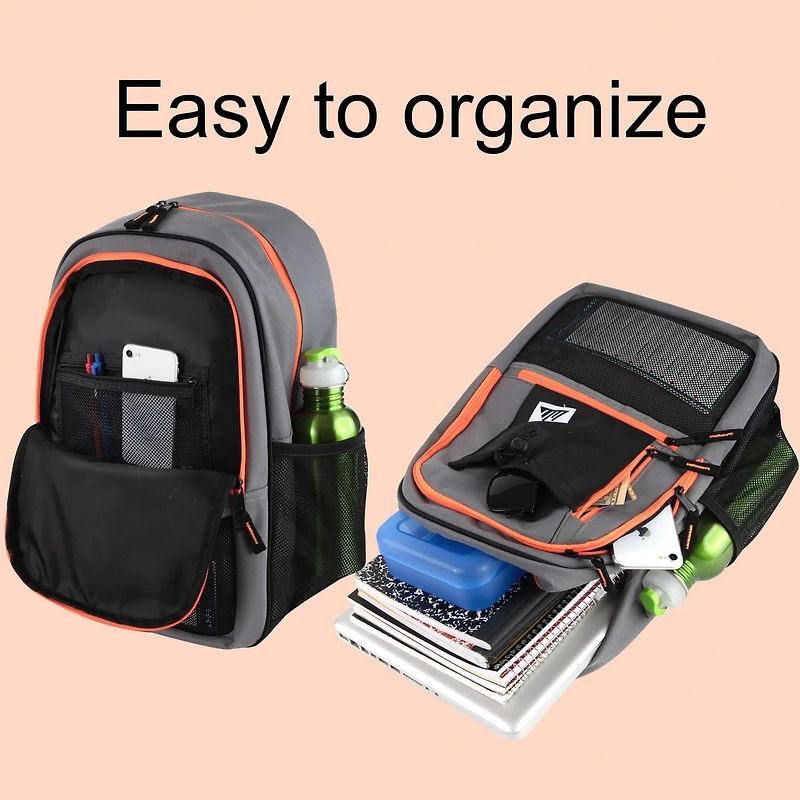 Trail Maker Multi-Pocket Backpack with Front Mesh Zipper Pocket, Side Mesh Pockets, Padded Laptop Pocket, Rubber Grip Handle & Reflective Trim for Travel, Commute, School & Gym in Black & Neon Green