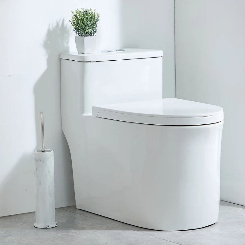 hometrends Brosse de toilette et support de toilette blanc en faux marbre, 1 brosse de cuvette de toilette avec manche en métal et support en grès pour une utilisation dans la salle de bain