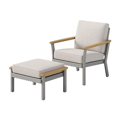 SONGMICS HOME Sencillo Collection - Patio Furniture Set, Armchair with Ottoman, Rattan, Faux Wood, Gray and Beige