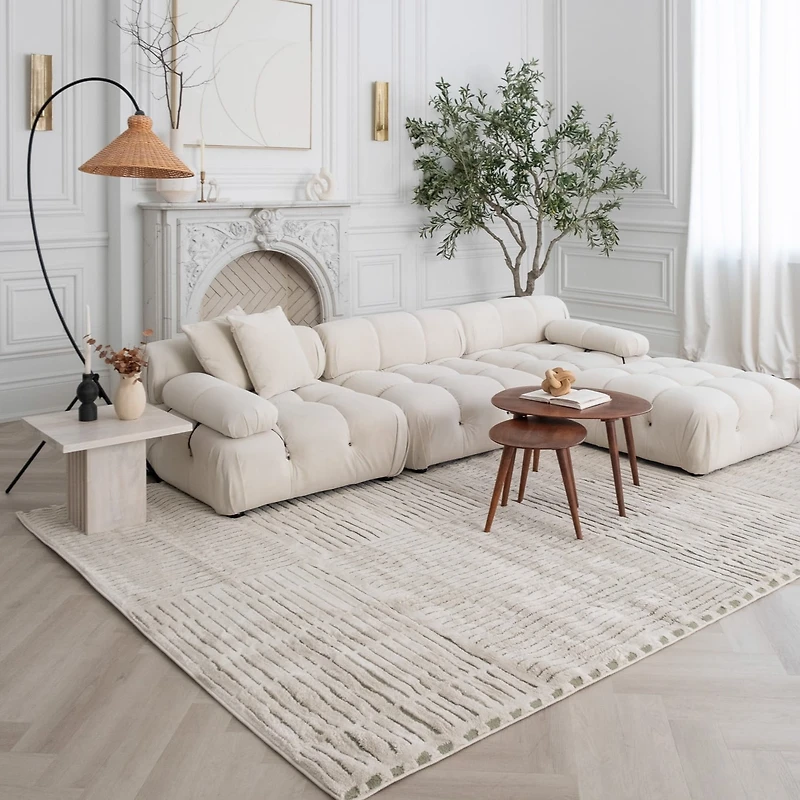 Tapis d'interieur abstrait Rug Branch Domus, vert creme, moderne - Salon, chambre, salle a manger et cuisine